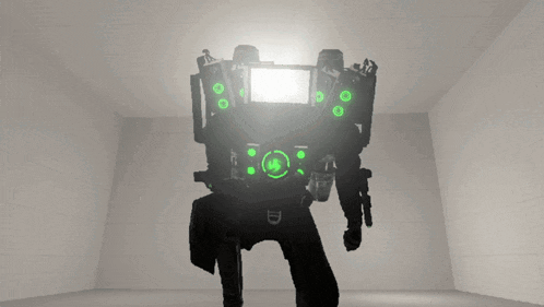 a robot is standing in a room with green lights on its back