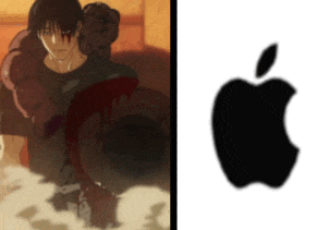 an apple logo next to a picture of a man with blood on his arm