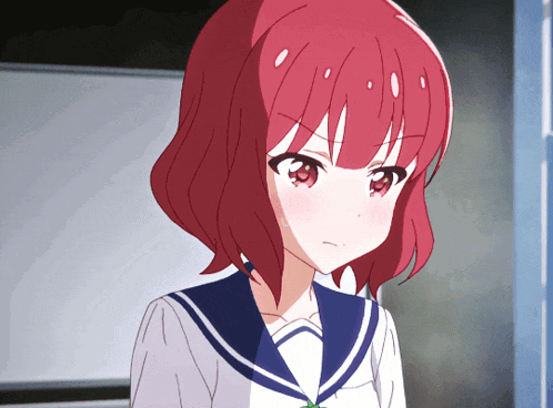 a girl with red hair is wearing a white shirt and a blue sailor uniform