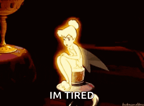 a cartoon of a fairy sitting on a bottle with the words im tired below her