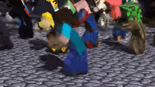 a group of people are walking on a brick floor .