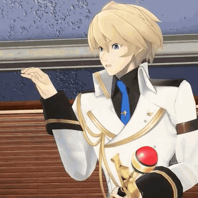 a cartoon character with blonde hair and a white jacket