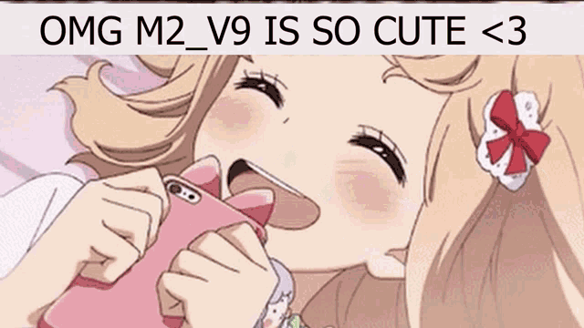a cartoon of a girl laying on a bed with the words omg m2 v9 is so cute < 3 above her