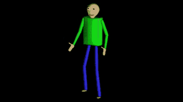 a cartoon character with a green shirt and blue pants is standing on a black background .