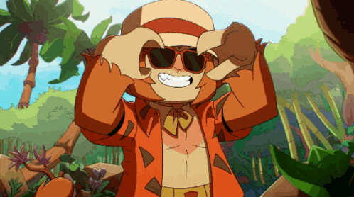 a cartoon character is wearing sunglasses and a hat and smiling