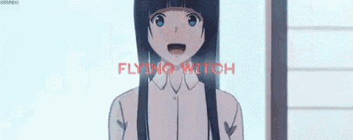 a girl with long black hair and blue eyes is standing in front of a window with the words `` flying witch '' written on it .