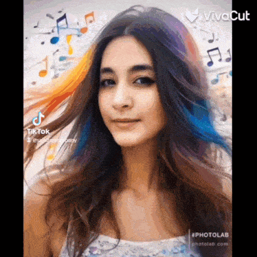 a woman with rainbow hair is surrounded by musical notes .