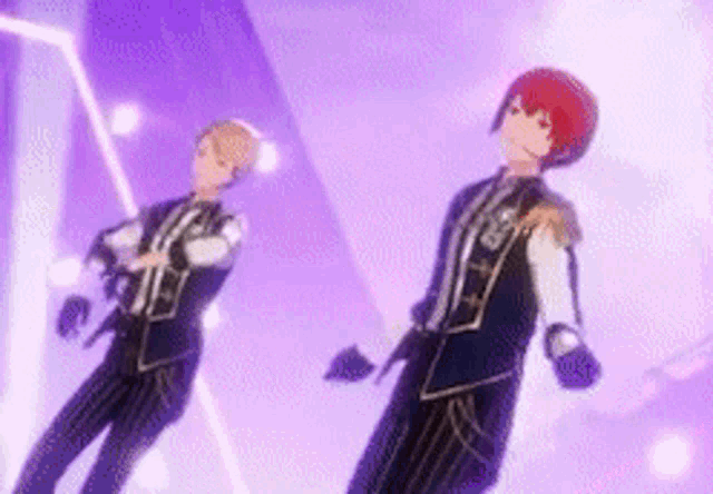 two anime characters are dancing on a stage in front of a purple background .