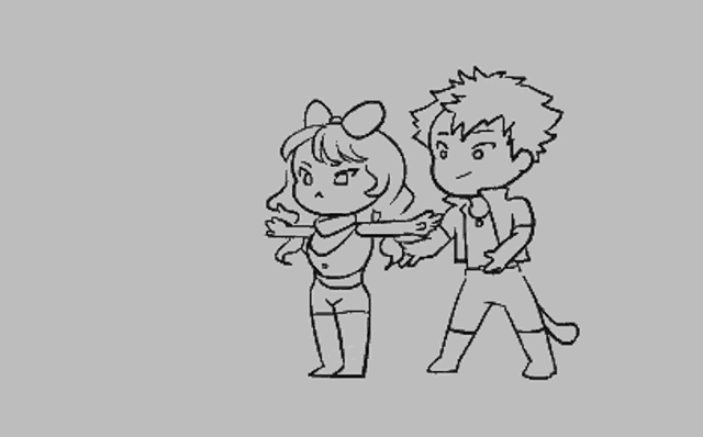 a boy and a girl are standing next to each other in a drawing .