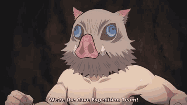 a cartoon character says " we 're the cave expedition team " with his fist in the air