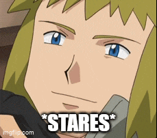 a close up of a cartoon character with the words stares written below him