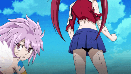 a girl with purple hair is standing next to a girl in a blue skirt