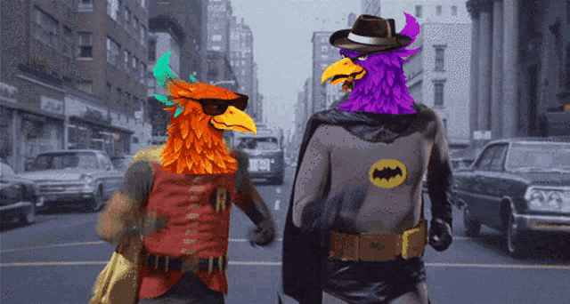 batman and robin are walking down a street