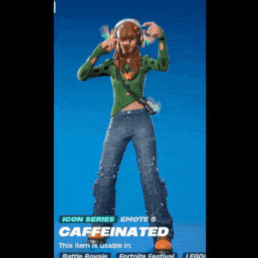 a girl in a green shirt and blue jeans is wearing headphones and making a funny face
