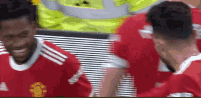 a group of soccer players are standing next to each other and laughing .