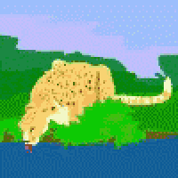a pixel art of a cheetah drinking from a river .