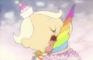 a cartoon character is holding a rainbow colored ice cream cone in her hand .