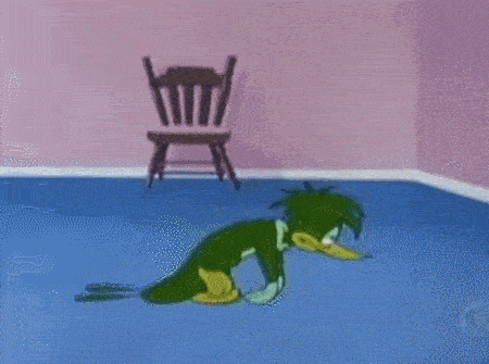 a cartoon duck is sitting on the floor in a room looking out a window .