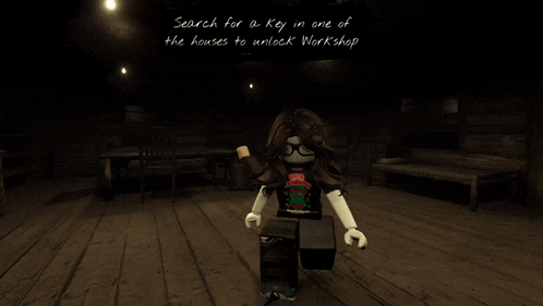 a screenshot of a video game that says search for a key in one of the houses to unlock workshop on it