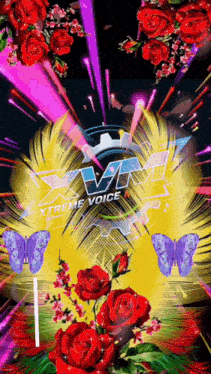 a xtreme voice logo is surrounded by red roses and purple butterflies