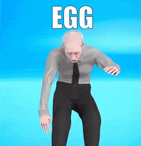 an old man is standing in front of a blue background with the word egg above him