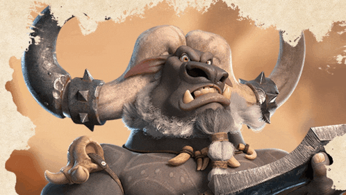 a cartoon character with horns and a beard holding a large sword