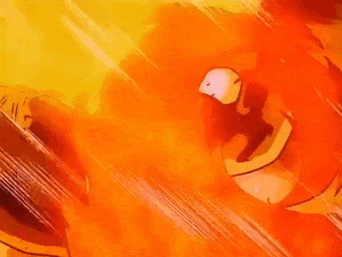 a close up of a cartoon character 's face with a fireball coming out of his mouth .