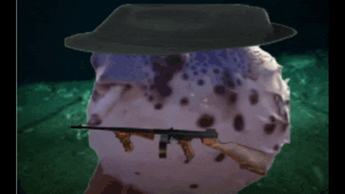 a picture of a person with a hat and a gun on their head