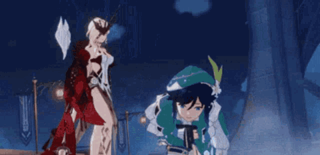 a cartoon character is kneeling down next to a woman in a red dress .
