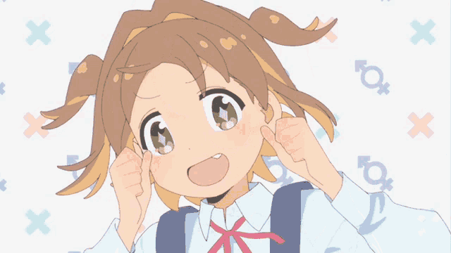 a girl with brown hair and green eyes is making a funny face with female symbols in the background