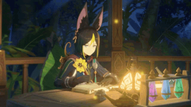a girl with a yellow flower on her head sits at a table