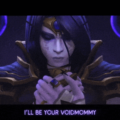 a video game character with purple hair and the words i 'll be your voidmcmmy