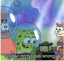 a cartoon of spongebob and patrick saying sorry i do n't speak wrong