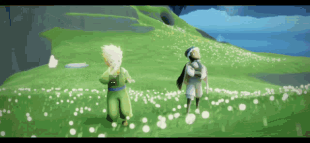 a little prince is standing next to a man in a field of flowers in a video game .