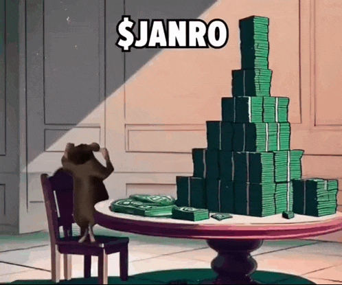 a cartoon mouse is sitting at a table with stacks of money on it and the words $janro above it