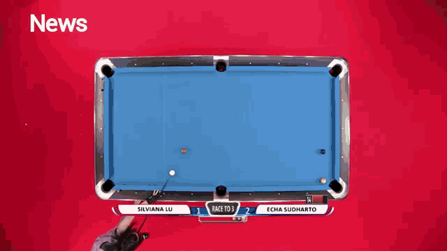 a pool table with a woman laying on it and the words news above it