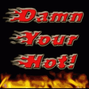 a sign that says " damn your hot " with flames coming out of it