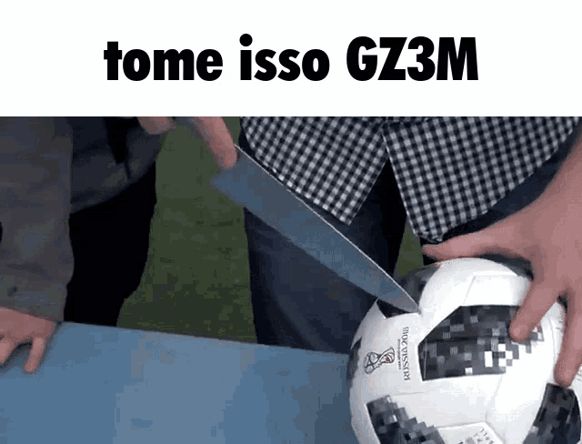 a person is cutting a soccer ball with a knife with the words tome isso gz3m written above them