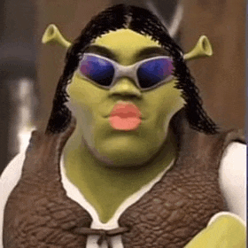 shrek is wearing sunglasses and lipstick and making a face .