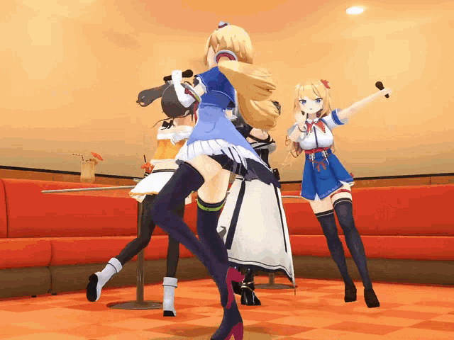 a group of anime girls are dancing and singing in a room
