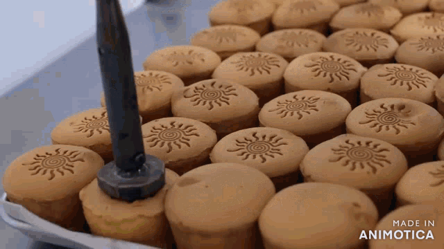 a bunch of cupcakes with a sun design on them