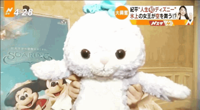 a person holding a stuffed animal that says soaring on the front