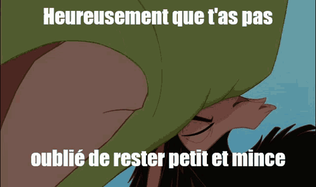 a cartoon of a man laying upside down with the words heureusement que t'as pas oublié de rester petit et mince
