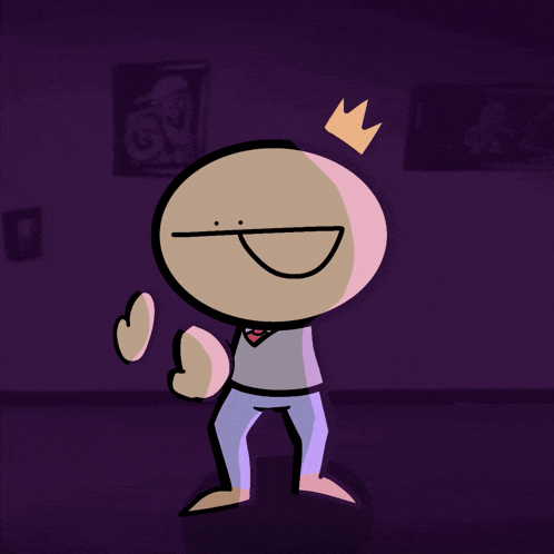 a cartoon character has a crown on his head and is smiling