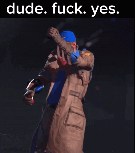 a man in a trench coat is holding a gun with the words dude fuck yes behind him