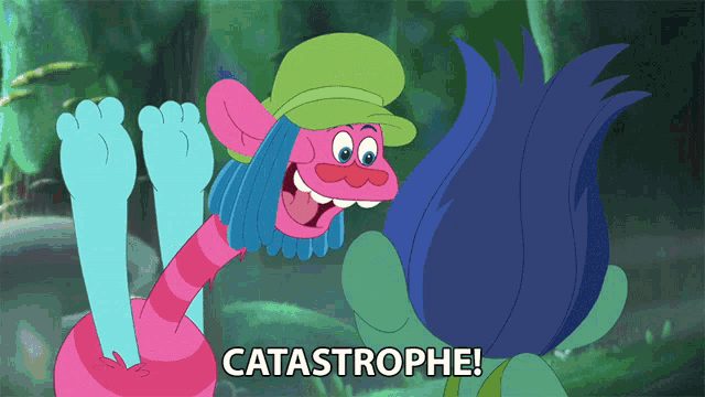 two trolls are standing next to each other and the word catastrophe is on the bottom right