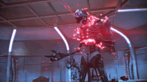 a robot with red lights coming out of it 's head