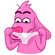 a pink cartoon character is holding a heart and a pair of underwear .