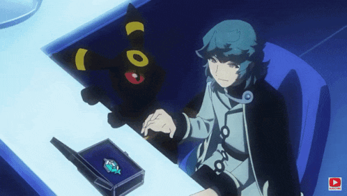 a cartoon character is sitting at a desk with a box and a black cat