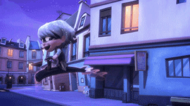 a cartoon character is flying through the air in front of a building with a sign that says ' cafe ' on it